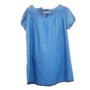 Heart Soul Embroidered Short Blue Jean Dress Cap Sleeves Lined Lace Hemline Sz L